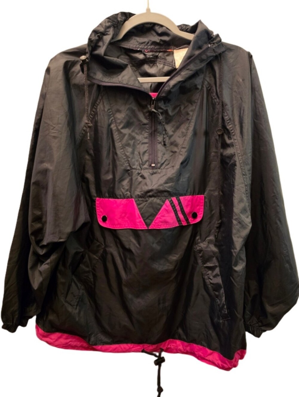 Vintage 90s Black Hot Pink Nylon Anorak Windbreaker Oversized Size 10